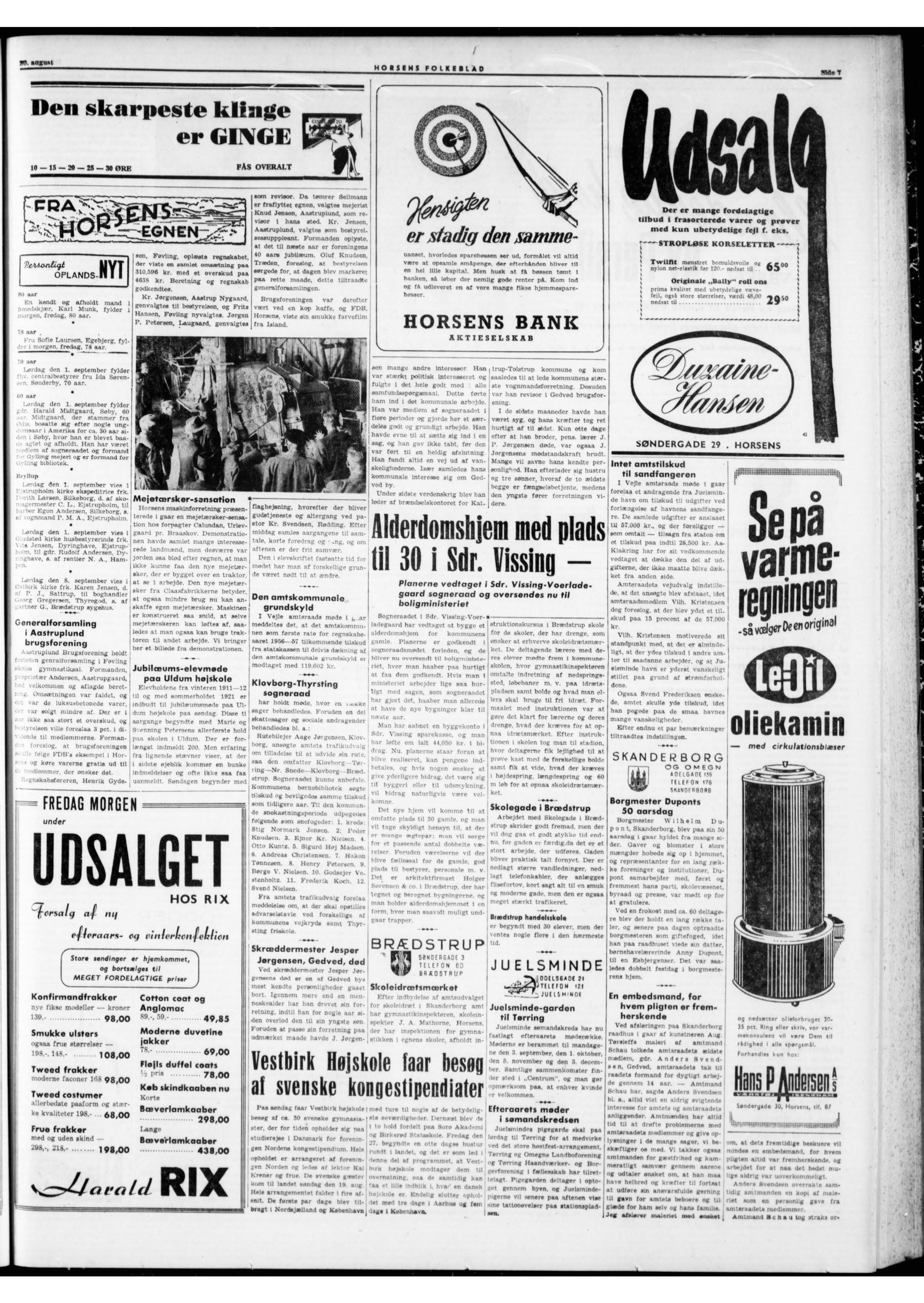 Meddelse om Jesper Jørgensens dødsfald i Horsens Folkeblad d. 30-08-1926 på side 7 i avisen.